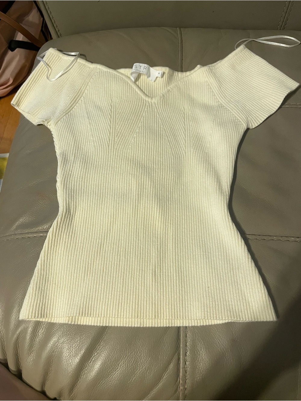 Astr Cream Ribbed Off-Shoulder Short Sleeve Top